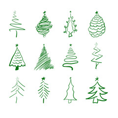 Set of hand drawn scratched christmas tree icons