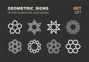 Set of eight minimalistic trendy shapes. Stylish vector logo emblems for Your design. Simple geometric signs collection.