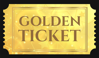 Gold ticket, golden token (tear-off ticket, coupon) with star magical background. Useful for any festival, party, cinema, event, entertainment show