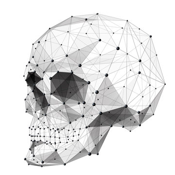Vector isolated human skull low poly from metall wireframe and points. Polygonal 3D white dead haed on dark background. Medicine concept with geometry triangle. Abstract mash line and point origami.