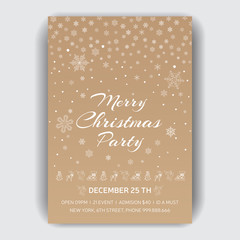 Invitation card for a Christmas party. Design template with xmas hand-drawn graphic illustrations. Greeting card with the New Year and Christmas holidays.