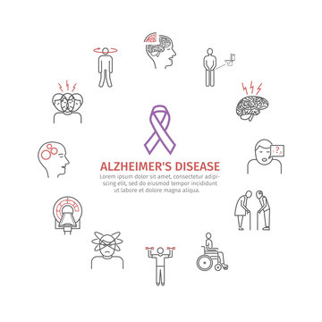 Alzheimer's disease and dementia. Symptoms, Treatment. Line icons set. Vector signs.