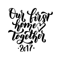 Our first home together.Merry Christmas and Happy New Year greeting card. Minimalistic christmas card on white background.