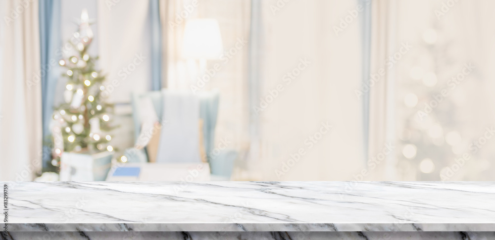Aufkleber empty white marble table top with abstract warm living room decor with christmas tree blur backgroun