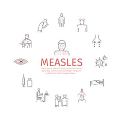 Measles banner. Symptoms, Treatment. Line icons set. Vector signs.