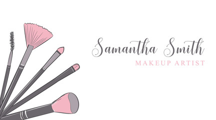 Makeup artist business card. Vector template with makeup pastel brushes pattern . Fashion and beauty background. Template Vector.