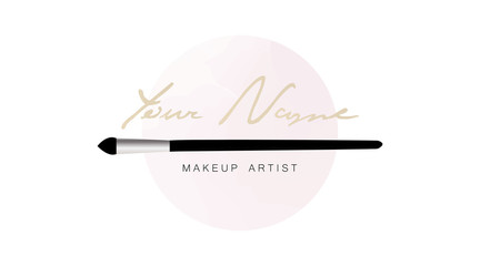 Makeup artist business card. Vector logo template with makeup brush applicator on the background of pink watercolor stain with a golden inscription. Fashion and beauty logo concept business cards.