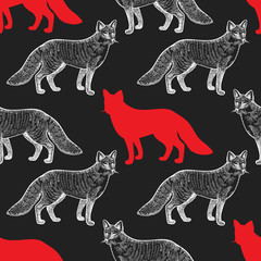 Fox. Seamless pattern with drawing animals and silhouettes. Hand graphic of wildlife. Vector illustration art. Red, black, white. Old engraving. Vintage. Design for fabrics, paper, textiles, fashion