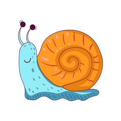 Fairy blue snail with bright orange shell. Adorable doodle character. Vector line design element for sticker, children print, book illustration or postcard.