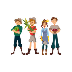 Farmers harvesting crop cartoon vector Illustration, different gardeners with various plants and tools, agriculture farming concept cartoon vector Illustration