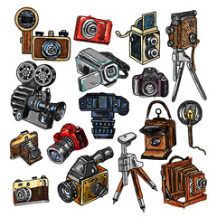 Camera doodle sketch icons set