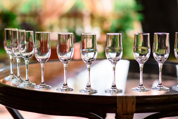 Spirits and cocktails on the table.