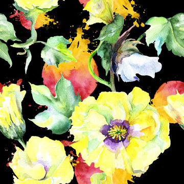 Wildflower eustama flower pattern in a watercolor style. Full name of the plant: eustama. Aquarelle wild flower for background, texture, wrapper pattern, frame or border.