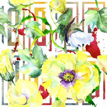 Wildflower eustama flower pattern in a watercolor style. Full name of the plant: eustama. Aquarelle wild flower for background, texture, wrapper pattern, frame or border.
