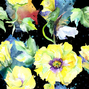 Wildflower eustama flower pattern in a watercolor style. Full name of the plant: eustama. Aquarelle wild flower for background, texture, wrapper pattern, frame or border.