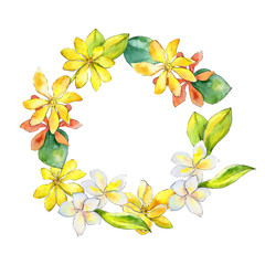 Wildflower gardenia flower wreath in a watercolor style. Full name of the plant: gardenia. Aquarelle wild flower for background, texture, wrapper pattern, frame or border.