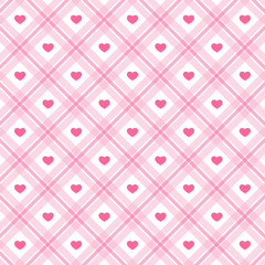 Cute primitive retro pattern with small hearts on plaid background