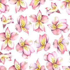 Watercolor seamless pattern of pink flowers on grey background.