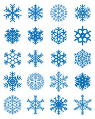 Set of different white snowflakes on a colored background