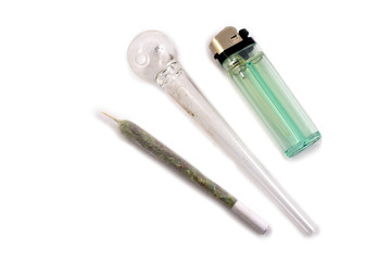 Lighter, joint, glass pipe smoking accessories stock photo images. Oil pipe, marijuana cigarette and lighter on a white background stock photo images. Smoking accessories set
