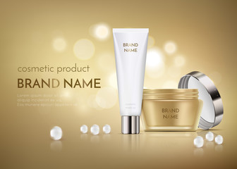 Luxury cosmetic templates for ads, open golden cosmetic jar with lid mockup and white tube for premium product on a shiny background with bokeh