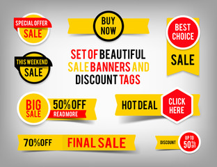 Set of banner elements, vector offer tag collection, discount label design, sale web coupons promotion badge icons retail sign collection, best price business poster