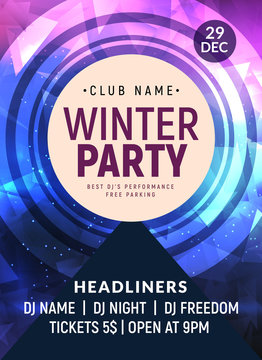 Disco dance flyer poster template. DJ winter party event decoration background invitation design