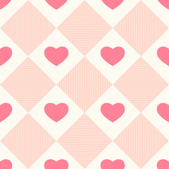 Cute primitive retro pattern with hearts on plaid background