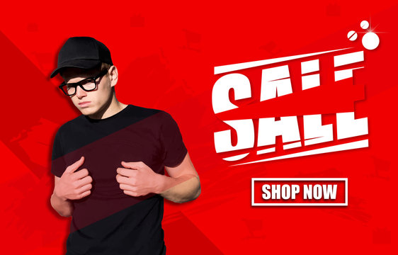 The guy in glasses on a red background with the inscription of sale