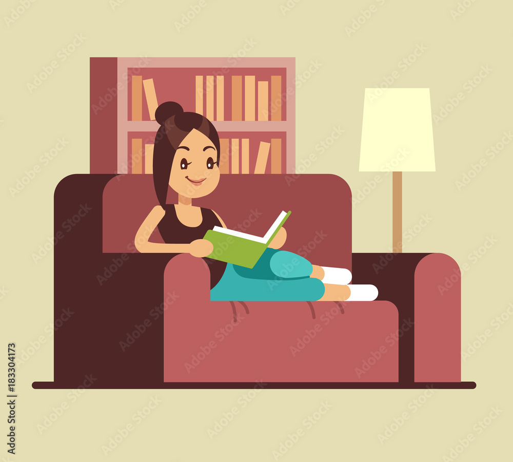 Canvas Prints Young woman reading book on couch. Relaxing at home vector concept