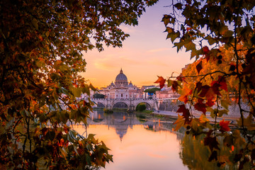 Beautiful view over St. Peter's Basilica in Vatican from Rome, Italy during the sunset in Autumn - obrazy, fototapety, plakaty
