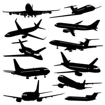 Flight aviation vector icons. Airplane black silhouettes