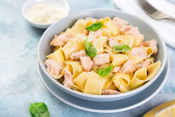 pappardelle pasta with salmon in creamy sauce