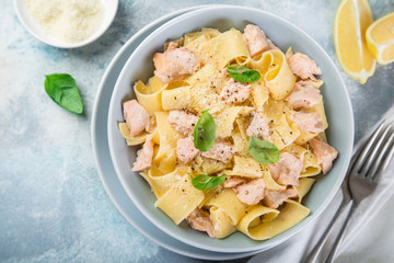 pappardelle pasta with salmon in creamy sauce