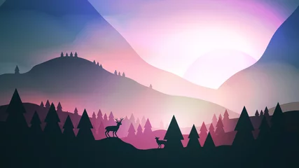 Foto op Plexiglas Blauwgroen Sunset or Dawn Over Mountains with Stag on Hill Top Pine Forest Landscape - Vector Illustration.