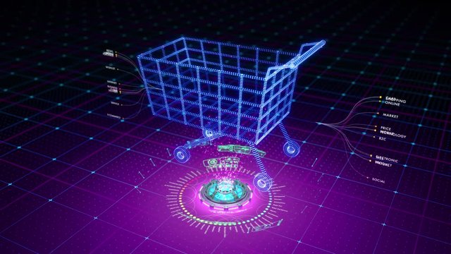 Particles from futuristic symbol of shopping cart symbol on abstract grid background
