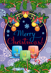 Holiday card with pine branches, Christmas garland, lighted candles and holiday greeting text 