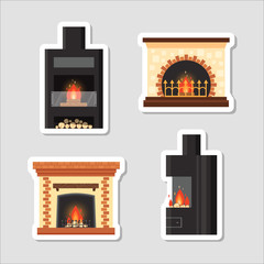 Obraz premium Stickers vector set different colorful home fireplaces with fire and firewood on gray background. Design elements, sticky labels in flat style - stock illustration