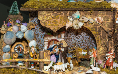 Christmas Nativity scene, Christmas nativity scene represented with statuettes of Mary, Joseph, Jesus and other characters of the crib. Original representation