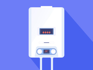 White gas boiler water heater. Home heated gas boiler on blue background. Vector illustration