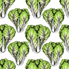 Vector hand drawn seamless pattern of chinese cabbage. Farm vegetables. Engraved colored art. Organic sketched objects. restaurant, menu, grocery, market store party
