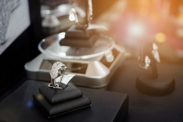 Diamond rings in jewelry luxury store window display