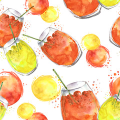     Seamless watercolor background with drinks, - cocktail, cherry juice, a glass with a drink, a berry. Yellow fruit lemonade. Berry cherry, a transparent beautiful glass. Vintage background 