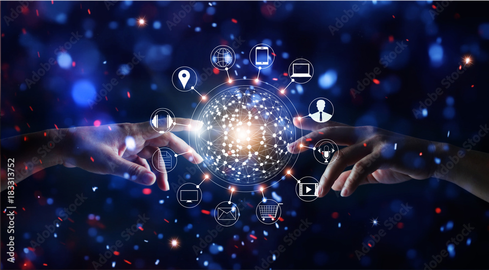 Poster Hands touching global connection and icon customer networking data exchanges on glitter bright lights colorful background