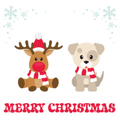 cartoon christmas deer and winter dog with text