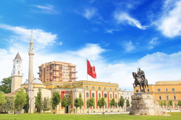 Monument to Skanderbeg in Scanderbeg Square in the center of Tirana, Albania  - obrazy, fototapety, plakaty