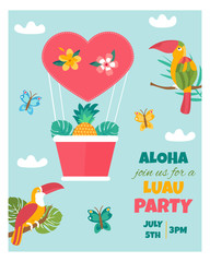 Invitation card with tropical elements, birds