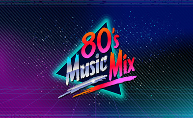 80's music mix. Retro style disco design neon. 80's party, 80s fashion, 80s background, 80s graphic, 80s style, disco party 1980, club vintage, dance night. Easy editable for design.