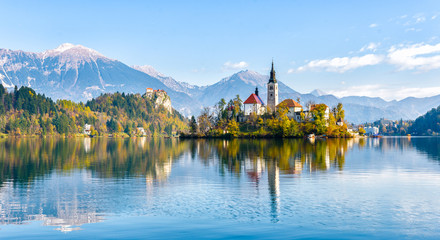 Lake Bled Slovenia. Beautiful mountain lake with small Pilgrimage Church. - Powered by Adobe