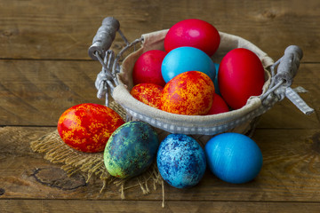 Happy Easter, colorful eggs in a basket